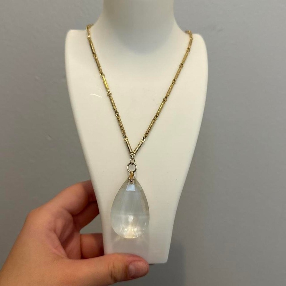 Long Clear Faceted Teardrop Pendant Necklace Gold Tone Boho Layering Statement